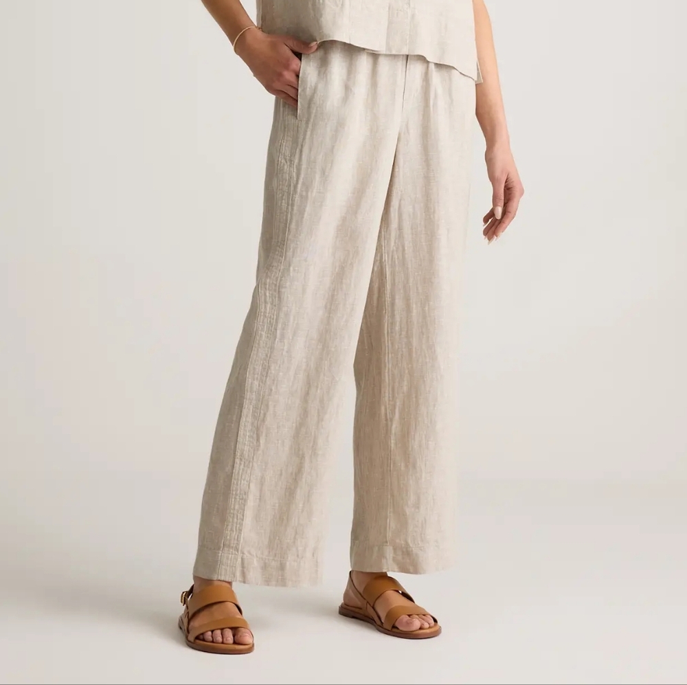 Quince Beige Drawstring Linen Wide-Leg Pants